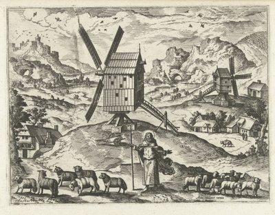 Paisaje con Cristo como Buen Pastor Paisajes, paisajes marinos y paisajes urbanos imaginativos (título de la serie) de Joannes van Doetechum (I) (attributed to)