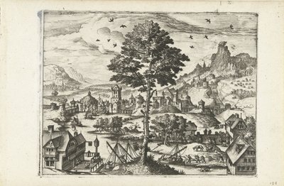 Paisaje con un pueblo en un río Paisajes, paisajes marinos y paisajes urbanos imaginativos (título de la serie) de Joannes van Doetechum (I) (attributed to)