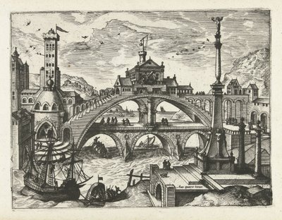 Ciudad con puente construido Paisajes, paisajes marinos y paisajes urbanos imaginativos (título de la serie) de Joannes van Doetechum (I) (attributed to)