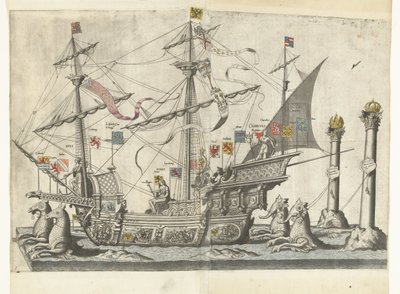 Het schip Victoria, nr. 5 Begrafenisoptocht van keizer Karel V, 1558 (título de la serie) El magnifico y suntuoso Funeral Pump, realizado en el Funeral & Funeral del muy grande y muy victorioso Emperador Carlos V, Celebrado en la Ciudad de Bruselas de Joannes van Doetechum (I)