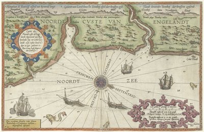 Mapa de la costa norte de Inglaterra en Newcastle upon Tyne Caerte der Noordt custe van Englandt, comenzando desde Robinhodes baij hasta Cocket Eijlandt (...) (título sobre objeto) de Joannes van Doetechum (I)