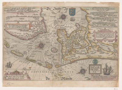 Mapa de Vlie y Marsdiep Descripciónhe vande vermaerde stroemen, Tvlie and the Tmaersdiep, upstreckende In the Zuijder Zee navegó en Enchuijsen a Amstelredam, con todas las placas de arena y las aguas poco profundas en el selve stroemen gheleghen (título so de Joannes van Doetechum (I)