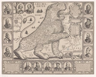 Mapa de las Diecisiete Provincias en forma de león holandés Leo Belgicus (título sobre el objeto) de Joannes van Doetechum (II)