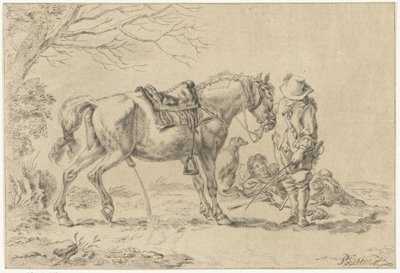Jinete al lado de un caballo meando de Joannis Jacobus Bijlaert