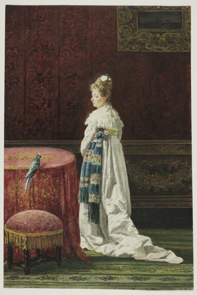 Mujer con un Loro Verde de Joaquin Agrasot y Juan