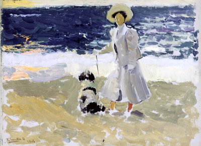 Dama y perro en la playa de Joaquín Sorolla