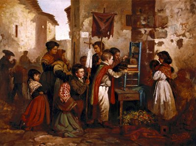 Niños jugando en la procesión religiosa de Joaquin Vayreda
