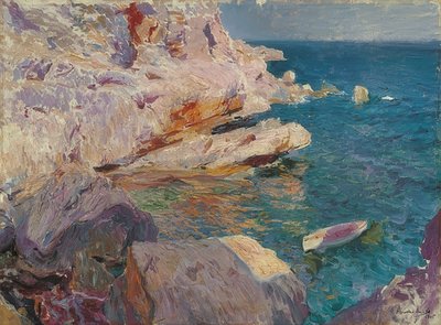 Rocas de Jávea con barco blanco de Joaquín Sorolla
