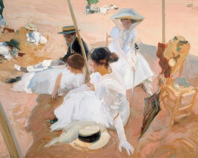 Bajo el toldo en la playa de Zarautz de Joaquín Sorolla