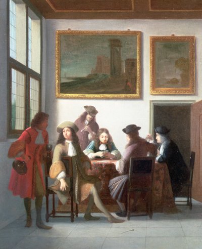 Un Interior Elegante con Hombres Jugando a las Cartas de Job Berckheyde