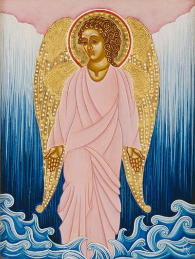 Gabriel, ángel del agua, 2004 (temple al huevo y oro de 24 quilates sobre madera) de Jodi Simmons