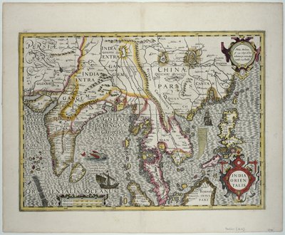 El subcontinente indio hasta Filipinas pasando por las porciones septentrionales del archipiélago indonesio y la península malaya, principios del siglo XVII de Jodocus Hondius