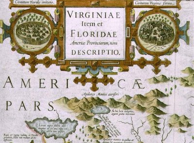 Cartucho de título y detalles, (detalle) del mapa de Carolina del Norte titulado Virginiae item et Floridae, del Mercator Atlas... de 1606, pub. por Jodocus Hondius, 1619 de Jodocus Hondius