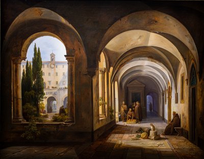 Monjes franciscanos en el claustro de Santa Maria d