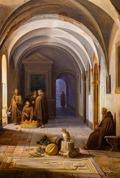 Monjes franciscanos en el claustro de Santa Maria d