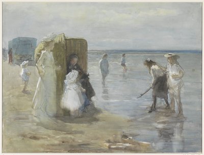 Vista a lo largo de la línea de marea en la playa de Scheveningen, con dos señoras y niños de Johan Antonie de Jonge