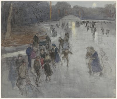 Entretenimiento sobre hielo a la luz de la luna, en un estanque congelado en Bosch, La Haya de Johan Antonie de Jonge