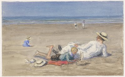 Niñera descansando con dos niños en la playa de Johan Antonie de Jonge