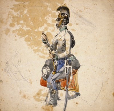 Un Soldado del 5º Regimiento de Dragones recargando su Pistola de Caballo, 1840-1850 de Johan Baptiste Heinefetter
