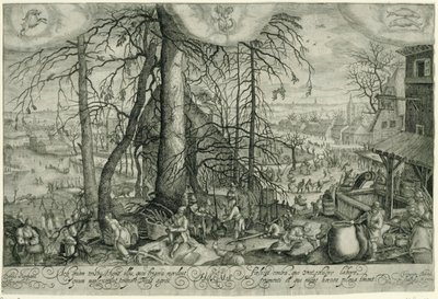 Paisaje invernal con actividades invernales. Hiems (título sobre el objeto) Cuatro estaciones (título de la serie) de Johan Barra