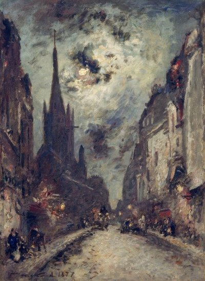 La Rue St. Jacques con la iglesia St. Séverin a la luz de la luna de Johan Barthold Jongkind