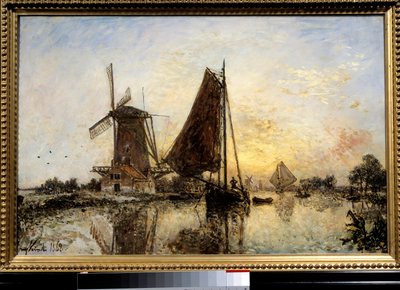 Paisaje holandés, barcos cerca del molino de Johan Barthold Jongkind