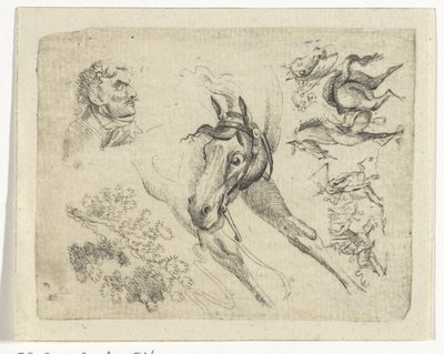 Hoja de estudio con caballos, un hombre y una rama. de Johan Bernard Scheffer