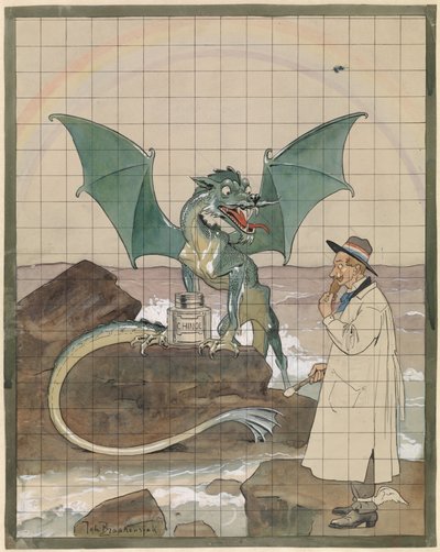 Artista con dragón cerca de una jarra de Chinol de Johan Braakensiek