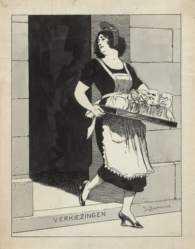 Diseño para la ilustración de De Amsterdammer: La Virgen holandesa como criada con una bandeja de vasos tropieza con el escalón Elecciones (17 de mayo de 1924) de Johan Braakensiek