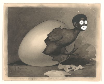 Diseño para una ilustración en De Amsterdammer: un hombre negro sale de un huevo (19 de abril de 1930) de Johan Braakensiek