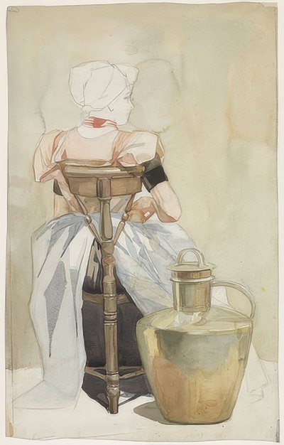 Niña sentada con traje tradicional, vista de espaldas de Johan Braakensiek