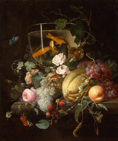 Una pecera, rosas, frutas y frutos secos con insectos en un cantil de piedra de Johan Christiaan Roedig