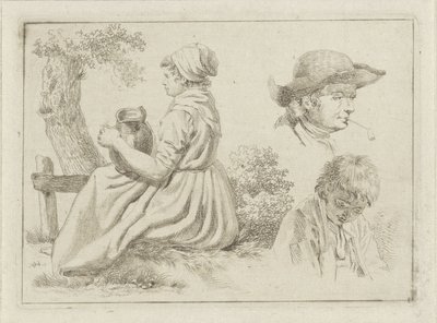 Mujer sentada con un cántaro, retrato de un hombre con una pipa y un niño de Johan Christiaan Willem Safft