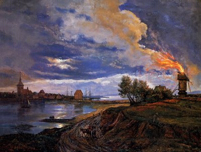 Molino en llamas en Stege de Johan Christian Dahl
