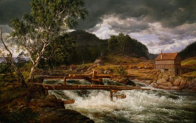 Bokmål noruego:  Hellefossen ved Hokksund Hellefossen near Hokksund de Johan Christian Dahl
