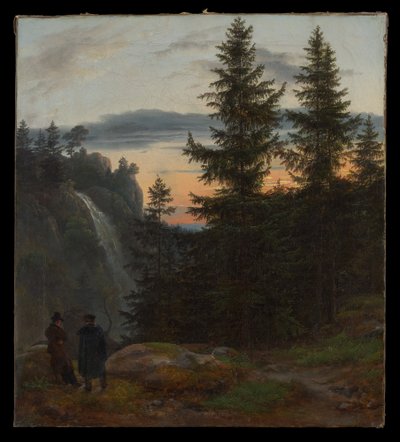 Dos hombres ante una cascada al atardecer de Johan Christian Dahl