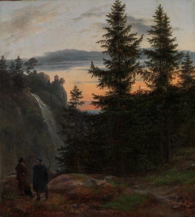 Dos hombres ante una cascada al atardecer, 1823 de Johan Christian Dahl