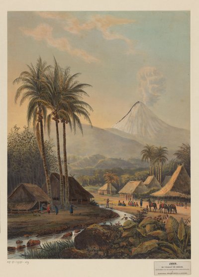 Vista de un pueblo y del volcán Semeru en Java El volcán Smroe tomado de la residencia Passa Rouang (título sobre el objeto) de Johan Conrad Greive