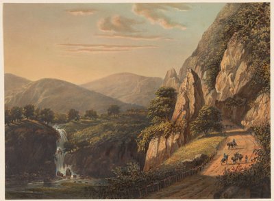 Vista de una cascada y un camino rural en Preanger en Java En Sumandán. (Regencias de Preanger.) (título sobre el objeto) de Johan Conrad Greive