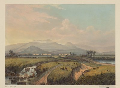 Vista de las montañas en Java Vista de las montañas Kawische y la compañía tabacalera (residencia auxiliar Malang) (título sobre el objeto) de Johan Conrad Greive