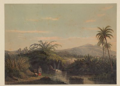 Dos figuras en un abrevadero en Java Vista del campo Tjiliboet (residencia auxiliar Buitenzorg) (título sobre objeto) de Johan Conrad Greive