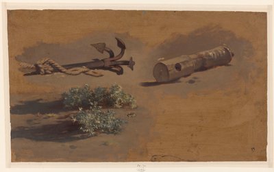Estudio de un ancla, parte del mástil de un barco y arbustos de Johan Daniël Koelman