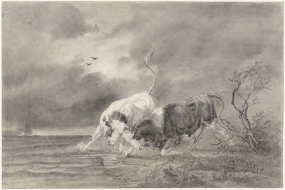 Dos toros de lidia en un paisaje fluvial de Johan Daniël Koelman