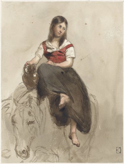 Mujer sentada en un caballo con jarra de Johan Daniël Koelman
