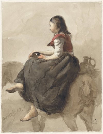 Mujer sentada sobre un caballo con dos jarras de Johan Daniël Koelman
