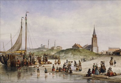 Pescadores en una playa con una ciudad al fondo, 1857 de Johan Gerard Smits