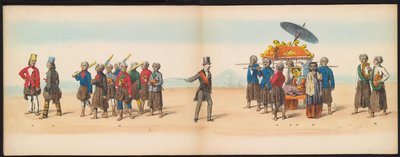 Mascarada de los estudiantes de Delft, 1857 (lámina 5) Procesión de disfraces realizada por los miembros del cuerpo de estudiantes de Delft el 5 de mayo de 1857, que representa la procesión de Garebeg del sultán de Djokjokarta y los tipos más característic de Johan Hendrik Hoffmeister