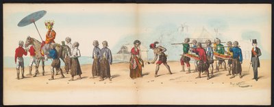Mascarada de los estudiantes de Delft, 1857 (lámina 6) Procesión de disfraces realizada por los miembros del cuerpo de estudiantes de Delft el 5 de mayo de 1857, que representa la procesión de Garebeg del sultán de Djokjokarta y los tipos más característic de Johan Hendrik Hoffmeister