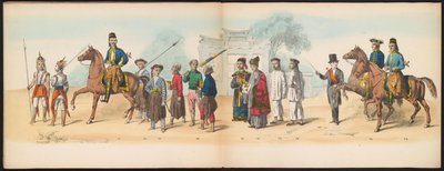 Mascarada de los estudiantes de Delft, 1857 (lámina 8) Procesión disfrazada realizada por los miembros del cuerpo de estudiantes de Delft el 5 de mayo de 1857, que representa la procesión de Garebeg del sultán de Djokjokarta y los tipos más característicos de Johan Hendrik Hoffmeister