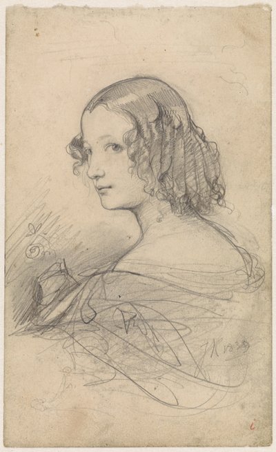 Retrato de una mujer joven con tirabuzones, mirando hacia la izquierda de Johan Hendrik Koelman